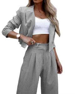 Women Striped Suit Set Long Sleeve Notched Collar Wide Leg <b>Pants</b> With Pockets Casual Autumn Wear 100% Polyester Woven Fabric - Product Image 3