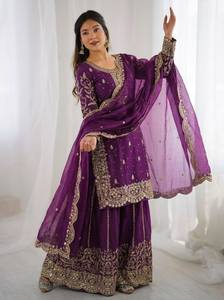Designer Coding Embroidery And Sequence Work Fandy Silk <b>Top</b> With Plazzo And Dupatta Fully Stitched Ready To Wear Collection - Product Image 5