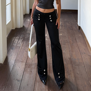 Pantalon en jean évasé taille mi-haute style urbain avec boucles métalliques multiples, respirant, séchage rapide, couleur unie, vintage, décontracté - Product Image 6