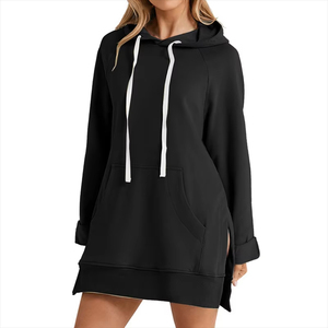 Robe à capuche pour femme, coupe ample, avec fente à l'ourlet, cordon de serrage, grande poche, pull à capuche de qualité professionnelle, longueur mi-longue, dernier design - Product Image 1