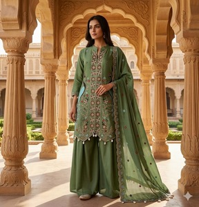 Conjunto de Kurta y Palazzo Largo Bordado para Mujer al por Mayor con Dupatta |   Traje Étnico de Seda Romana Viscosa Premium |   Boda Diwali - Product Image 4
