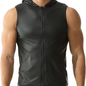 Camiseta sin mangas de cuero para hombre con capucha, la mejor calidad, precio económico, servicio OEM, ropa de gimnasio personalizada. - Product Image 1