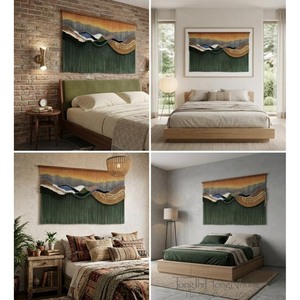 Décoration murale en macramé, paysage naturel, rectangle, décoration d'intérieur, pièce d'art pour chambre à coucher, emballage en une seule pièce - Product Image 2