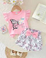 Customizable Brand Pink Girls 2Pcs Set 100% Cotton Short Sleeve T-Shirt Butterfly Print Elastic Waist Shorts Casual Comfortable