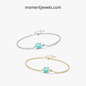 925 Sterling Silver <b>Beaded</b> <b>Bracelet</b> Square Tourmaline Zircon Charm <b>Bracelet</b> <b>Gold</b> Plated Geometric Jewelry Gift - Product Image 1