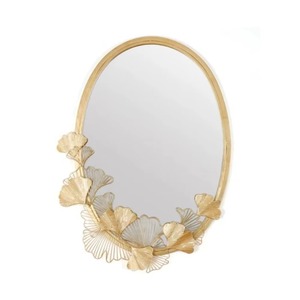Miroir mural ovale en laiton avec motif feuille de Ginkgo, art décoratif encadré de style bohème - Product Image 1