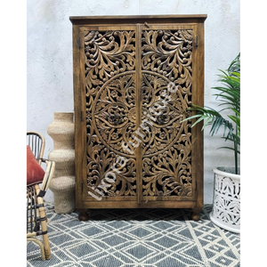 Luxury Handcrafted Solid Wood 2 Door <b>Wardrobe</b> Ornate Leaf Mandala Carving Natural Walnut Armoire - Product Image 4