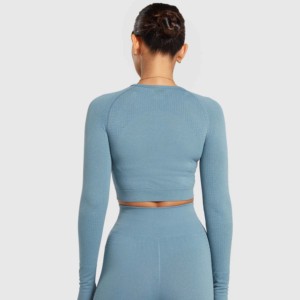 Conjunto de Leggings y Top Corto de Manga Larga con Logotipo de Gimnasio para Mujer, Azul Sólido, Transpirable, Ropa de Yoga, Soporte Alto, Sin Tirantes, Cintura Alta, Ropa Deportiva - Product Image 2