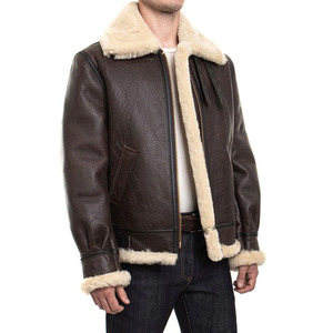 Blouson aviateur en cuir véritable pour homme de haute qualité avec doublure en fausse fourrure, chaud pour l'hiver, style moto, fermeture éclair, coupe classique - Product Image 5