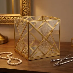 Artisan Design Handmade Geometric <b>Brass</b> <b>Lantern</b> with Mirrored Glass Panels Embossing Home Decoration Votive Holder Model VO951 - Product Image 3