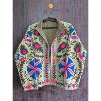 Veste d'hiver de luxe bohème Suzani en velours tissé respirant brodé, motif floral, faite à la main, vintage, pour femme, col montant