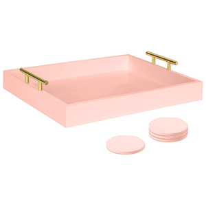 Bandeja rectangular de madera MDF con asas de metal y 4 posavasos a juego Juego Premium hecho a mano para uso en cafetería y restaurante - Product Image 2