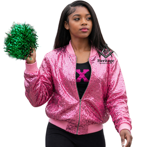 Heritage Masonic Regalia Women Slim Fit Pink <b>Sequin</b> Bomber <b>Jacket</b> Ribbed Knit Varsity Style Mock Collar <b>Jacket</b> Greek Apparel - Product Image 1
