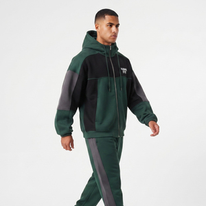 Wholesale Heavyweight Men's Tracksuit Custom Patchwork Color Block <b>Full</b> <b>Zip</b> <b>Hoodie</b> And Jogger Set Cotton Fleece Winter Wear - Product Image 6