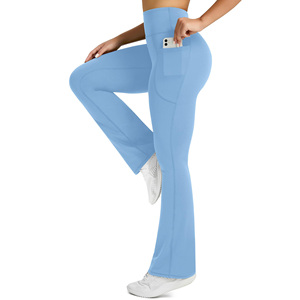 Custom High Waist Full Length Flared Leg Yoga <b>Leggings</b> With <b>Pockets</b> Solid Blue Seamless Stretch For Women - Product Image 1