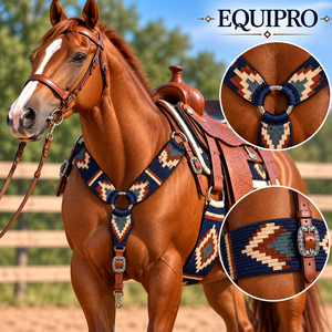 EQUIPRO Navy Blue Woven Horse Girth and Breast Collar Set Geometric Diamond Pattern <b>Leather</b> Concho Buckles From Uttar Pradesh - Product Image 3