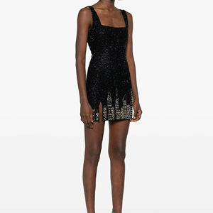 Mini-robe longue de soirée, ornée de sequins, perles et broderies, silhouette droite, taille naturelle - Product Image 1