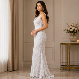Elegant White Lace Mermaid Wedding Dress for Women V Neck Sleeveless Bridal Gown Floral Embroidered Formal Maxi Dress Luxury - Product Image 3