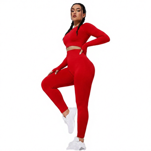 Ensemble de yoga noir uni pour femmes, leggings taille haute longueur complète, haut court à manches longues, tenue de fitness extensible - Product Image 2