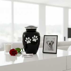 Elegante urna de aluminio azul marino para cenizas de mascotas, duradera, de alta calidad, con tapa segura y doble huella de pata, recuerdo funerario. - Product Image 4