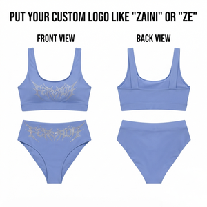 Ensemble de bikini pour femmes en nylon et élasthanne de qualité supérieure, tissu extensible doux 220 GSM, bleu lilas, taille haute, deux pièces avec logo personnalisé en strass - Product Image 1