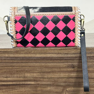 Nouveau sac à main en cuir de vachette véritable à carreaux rose et noir de style occidental, pochette à main, bandoulière, mini sac pour femmes - Product Image 5