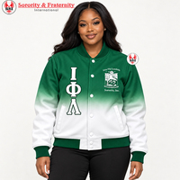 Jaket Varsity Satin Ombre Wanita Iota Phi Lambda dengan Bordir Huruf Yunani, Kancing Tekan, Kerah Rajut Rib, dan Manset Rajut