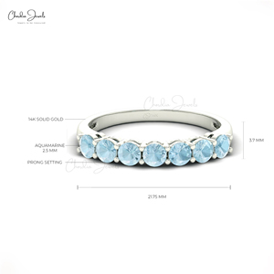 Anillo de compromiso y boda de media eternidad con gema de aguamarina de corte redondo de 3 mm, en oro blanco macizo de 14k, de moda. - Product Image 3