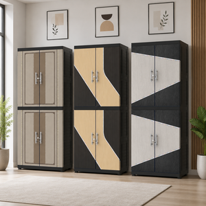 Armoire de rangement portable en plastique Naiba, 4 étagères, design bois gris, portes à panneaux plats avec miroir pour un rangement gain de place - Product Image 3