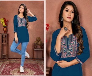 Rinkal Cotton Embroidery Work Top Women Traditional Ethnic Wear <b>Vintage</b> Kurti India Pakistan Casual Regular Length Blue 85997 - Product Image 3