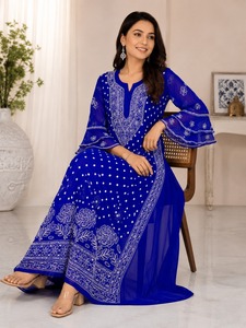 <b>Chikankari</b> Women Kurti Royal Blue Embroidered A Line <b>Kurta</b> with Bell Sleeves for Festive & Casual Wear - Product Image 2