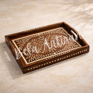Handcrafted Acacia Wood Serving Tray Bone Inlay Floral Design Mid Century Modern Decorative <b>Coffee</b> <b>Table</b> Top Handles for Ramadan - Product Image 2