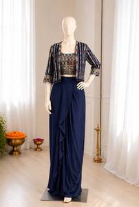 Ensemble indien pakistanais gaufré pour femme, en soie chinon et georgette, comprenant un sari, une blouse, un crop top et un pantalon palazzo à volants, séchage rapide, pour mariage - Product Image 2