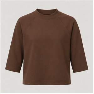 Camiseta de Mujer Marrón con Cuello Simulado, Manga Raglán Tres Cuartos y Corte Holgado WTS-0157 - Product Image 1