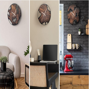 Rustic Wood <b>Wall</b> <b>Clock</b> - Unique <b>Modern</b> Live Edge Teak Dial with Large Black Metal Frame, Silent Non-Ticking Living Room Decor - Product Image 3