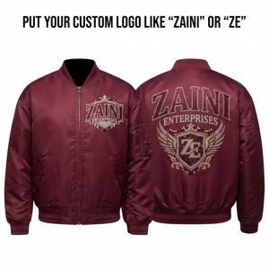 Chaqueta Bomber de Satén de Poliéster de 140 GSM de Calidad Premium, Color Borgoña, Puños Acanalados, Logotipo Personalizado con Pedrería, Ropa Urbana - Product Image 1