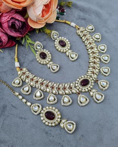 ชุดสร้อยคอเจ้าสาว Ping Bling Luxury AD Polki ประดับพลอยสีชมพูทรงหยดน้ำ สำหรับงานแต่งงานและงานเลี้ยง ดีไซน์หรูหราเคลือบทองสำหรับผู้หญิง - Product Image 5