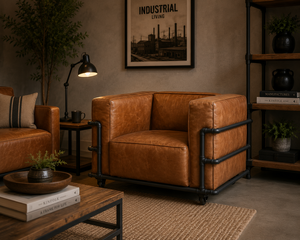 Modern Ergonomic Foam-Filled Living Room Single Seater Tan Brown Leather <b>Sofa</b> with Casters - Product Image 2