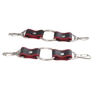 Leather Bondage Restraints Set With Wrist And Ankle Cuffs Red Lining Metal Buckles And Connectors - Product Image 3