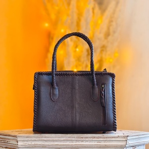 New Hand Tooled Brown Color Florals Carved On Black Color 100% Genuine Leather Material Border Stitched Tote Purse Bag For Women - Product Image 2