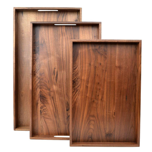 Juego de bandejas de servir rectangulares grandes de madera personalizadas con asas recortadas, de madera de acacia y nogal negro, para desayuno, café o otomanas. - Product Image 1