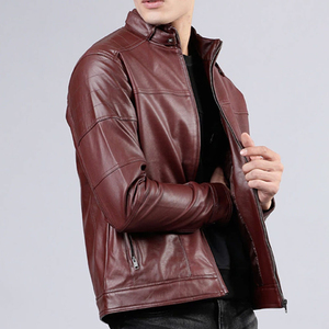 <b>Men's</b> Burgundy PU <b>Leather</b> <b>Jacket</b> Stand Collar Zipper Closure Slim Fit Regular Length <b>Leather</b> <b>Jacket</b> Available For Online Sale - Product Image 3