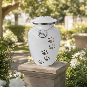 Urne funéraire artisanale blanche pour cendres d'animaux de compagnie (chien, chat) - Souvenir commémoratif en métal avec empreintes de pattes, étiquette personnalisée - Product Image 2
