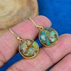 Natural Boulder Turquois Round Shape Gemstone <b>Hook</b> <b>Earring</b> 18k Gold Finish Over 925 Sterling Silver - Product Image 1