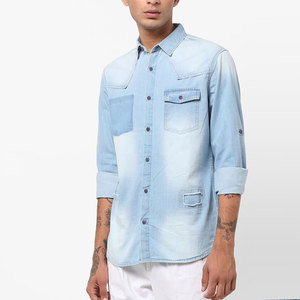 Chemise en jean à manches longues, couleur unie, décontractée, col rabattu, coupe classique, délavage moyen - Product Image 1
