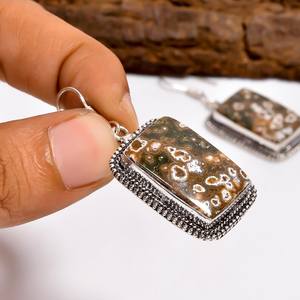 Boucles d'oreilles pendantes en jaspe océanique, motif orbiculaire vert et blanc, style bohème, en argent sterling 925, bijoux faits à la main, cadeau pour femmes - Product Image 4