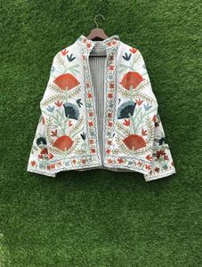 White Floral Embroidery Velvet <b>Kimono</b> <b>Cardigan</b> Long Sleeve Loose Fit Mandarin Collar Autumn Casual Beautiful Elegant Boho - Product Image 1