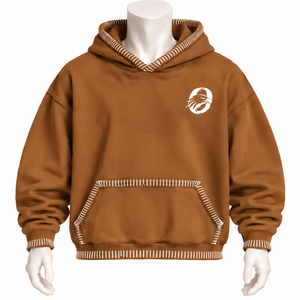 เสื้อฮู้ดโอเวอร์ไซส์สีน้ำตาลอูฐ แต่งขอบเย็บแบบดิสเทรส พร้อมกระเป๋าจิงโจ้ ตัดเย็บด้วยด้ายตัดสี สไตล์สตรีทแวร์ลำลอง - Product Image 1