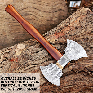 Hache à double tête en acier Damas forgé à la main, manche en bois de palissandre et fourreau en cuir, qualité industrielle, hache personnalisée OEM - Product Image 1