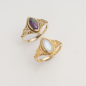 Natural Rainbow <b>Moonstone</b> Marquise <b>Ring</b> in Gold Finish Vintage Scroll Gemstone Jewelry for Women Handmade Gift - Product Image 2